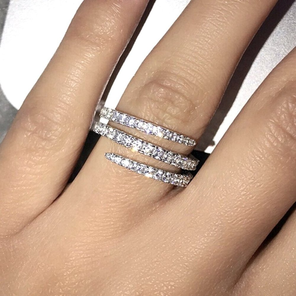 New Beautiful 925 Silver Diamond 3 Band Wrap Ring